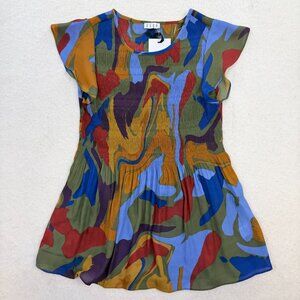 NWT ELLE Women's Multi-Colored Chiffon Ruched Ruffle Cap Sleeve Blouse Size S